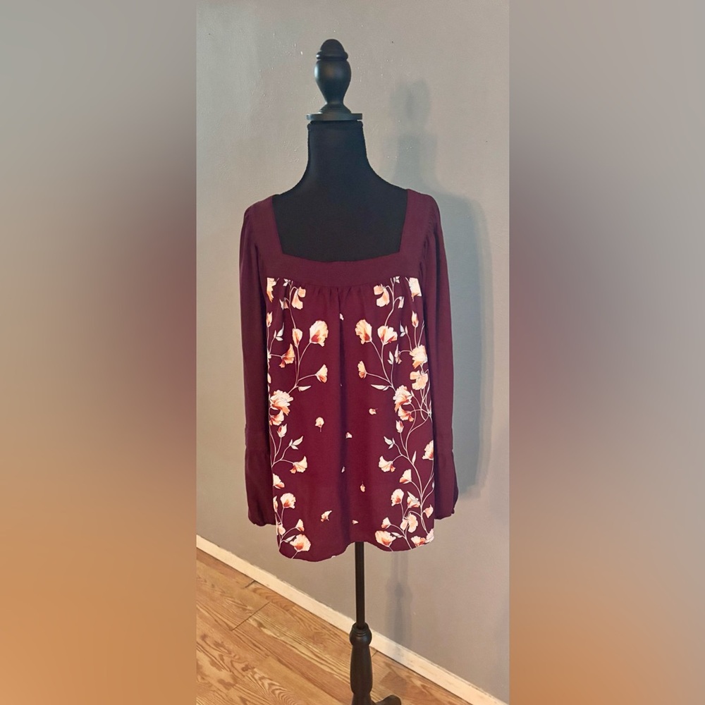 LC Lauren Conrad Red Smocked Long Sleeve Blouse